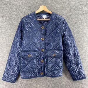 Time And Tru Quilted Jacket Women XL Blue Long Sleeve Crew Neck Button Pockets